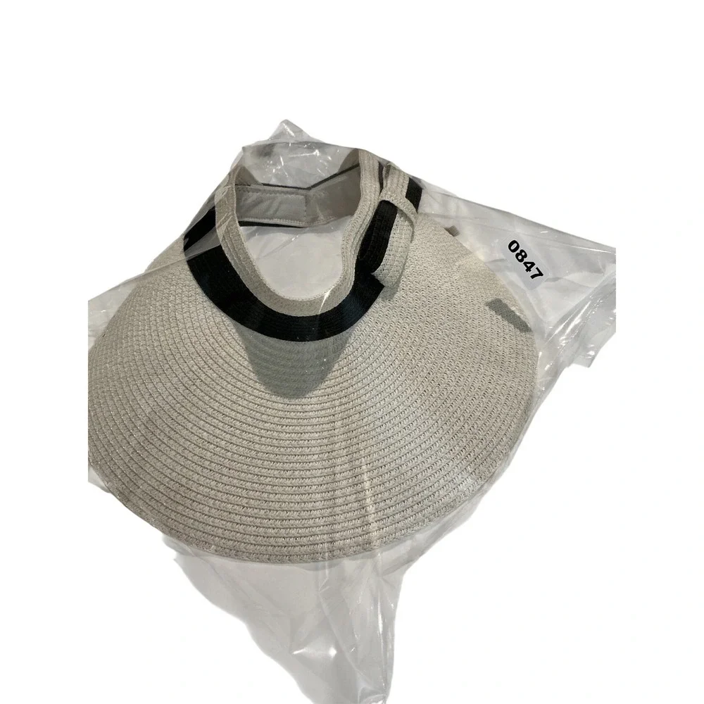 Magid Hats Sun Visor Womens OS‎ Cream Black Straw Wide Brim Bow Detail